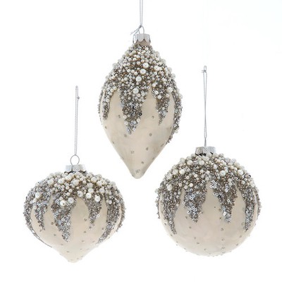 Kurt Adler Glass Ivory Beaded Ball, Onion & Drop Ornament Set F2419