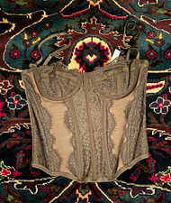 brown Mesh Lace Underwired Boned Corset Top S B Hook & Eye