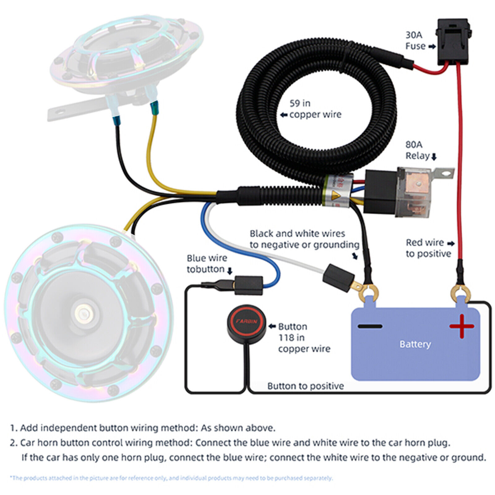 FARBIN 12V Horn Relay Wiring Harness Button Switch Kit for Car Truck Train Horn