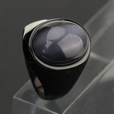 Retro Oval Gray Tiger Eye Stone Ring Stainless Steel Fashion Black Wedding Ring