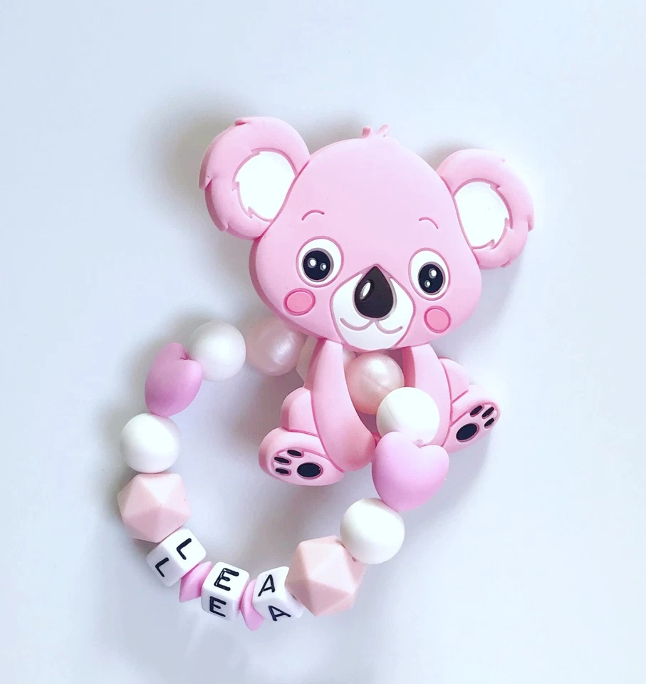 HANDGEFERTIGT Beißring Greifring Greifling mit Namen aus Silikon Koala rosa weiß Baby Geschenk