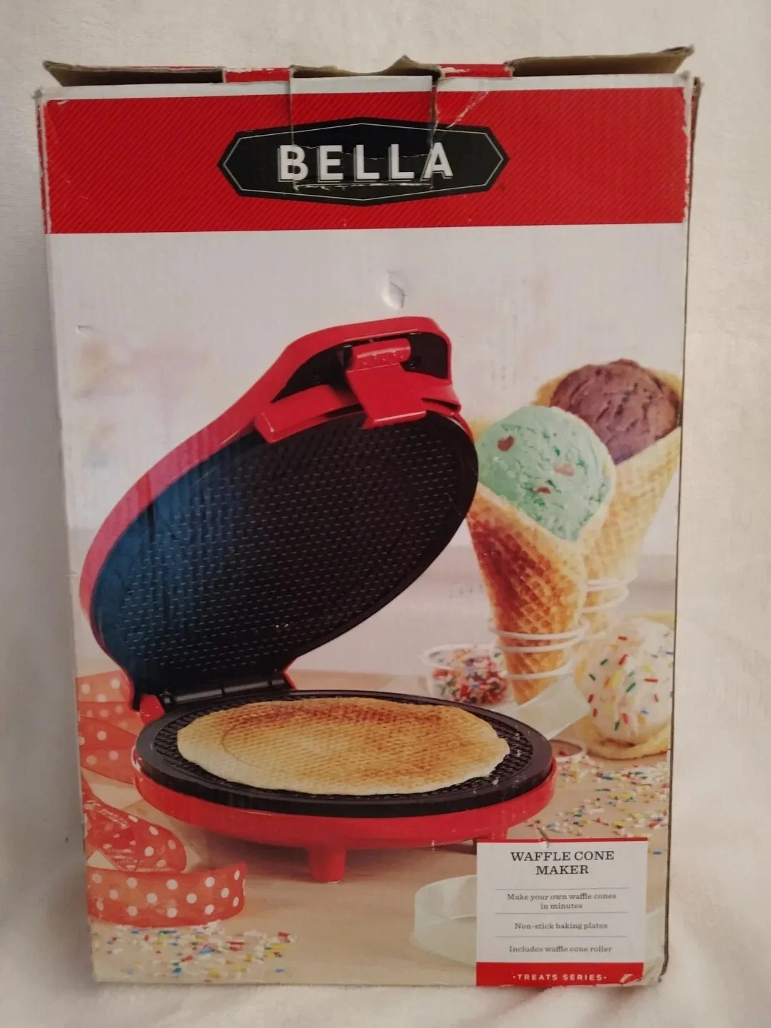 NIB BELLA Sensio Waffle Cone Iron Maker Ice Cream Cone Roller + Instructions New