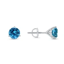 2 Ct Round Blue Created Diamond Earrings Studs Real 14K White Gold Martini Screw