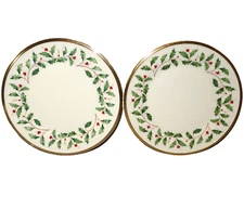 LOT of 2 Lenox Holiday Gold Trim Holly & Berry 8” Salad Plate Plates