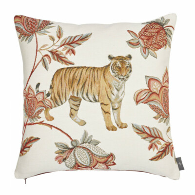 ART de LYS, FLORAL INDIAN TIGER, WHITE FRENCH TAPESTRY PILLOW COVER 19'' x 19''