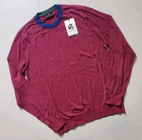 PAUL SMITH Jumper Sweater Mens M Red Cotton Blue Burgundy Stripes Crew Neck - Picture 10 of 10