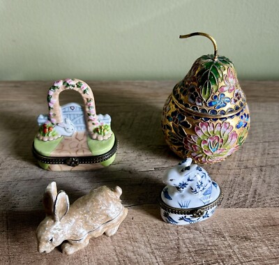 Porcelain Hinged Trinket Box Lot of 4- Cloisonne pear Rabbit Bunny Garden