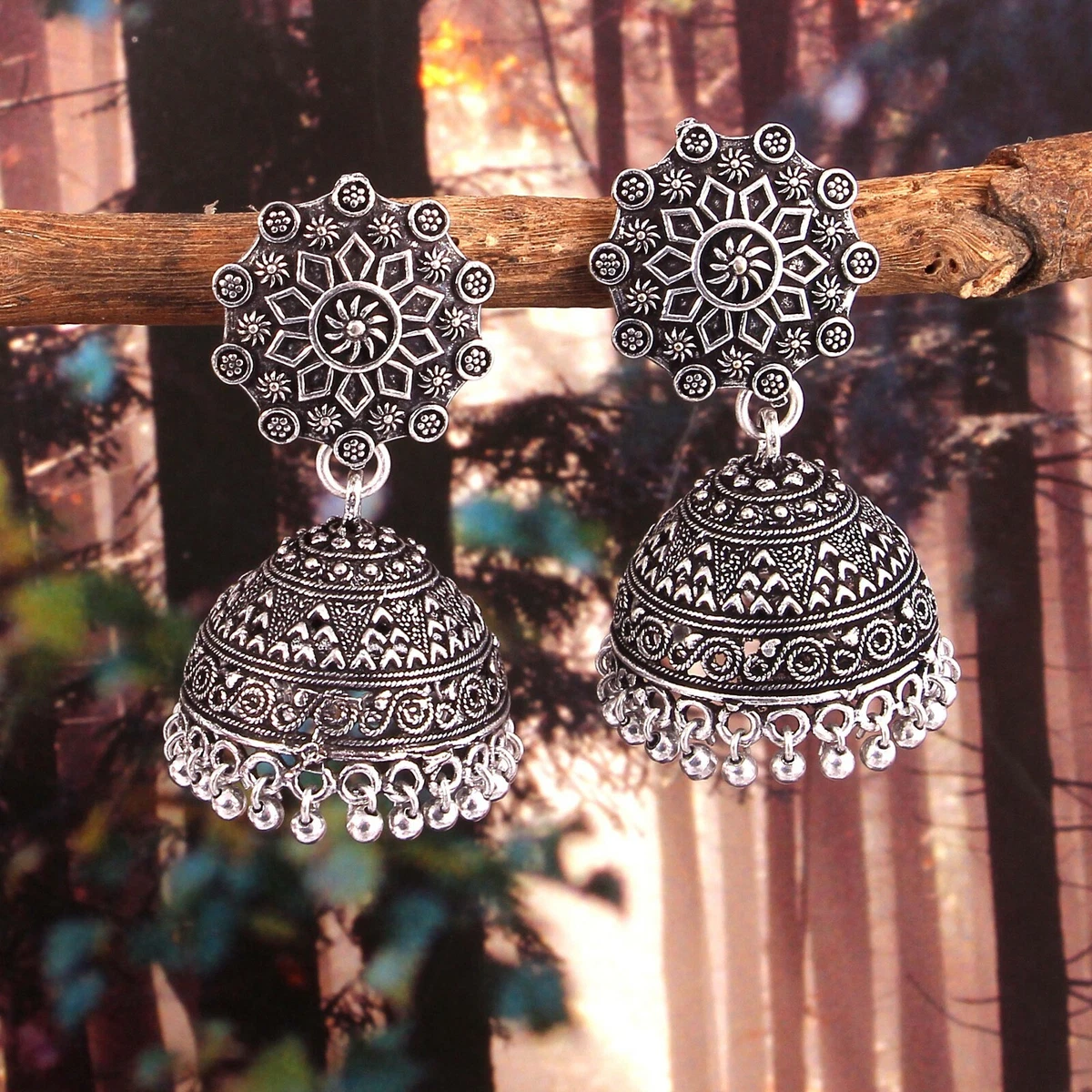 German Silver Plated Oxidized studs Ethnic Jhumka Earrings Jhumki
