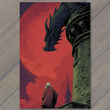 POSTCARD Red Moon Dragon Tower Dark Castle Cloak Figure Fire Clouds Gothic Fanta