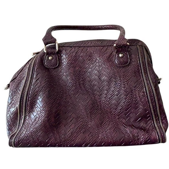 Melie Bianco Burgundy Woven Vegan Leather Satchel Bag Top Handle - Image 3 of 4
