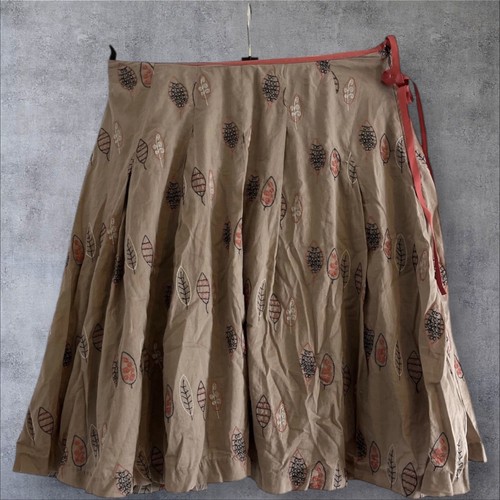 White Stuff Brown Embroidered Skirt Pink leaf Stitching Boho Chic size 12 A2