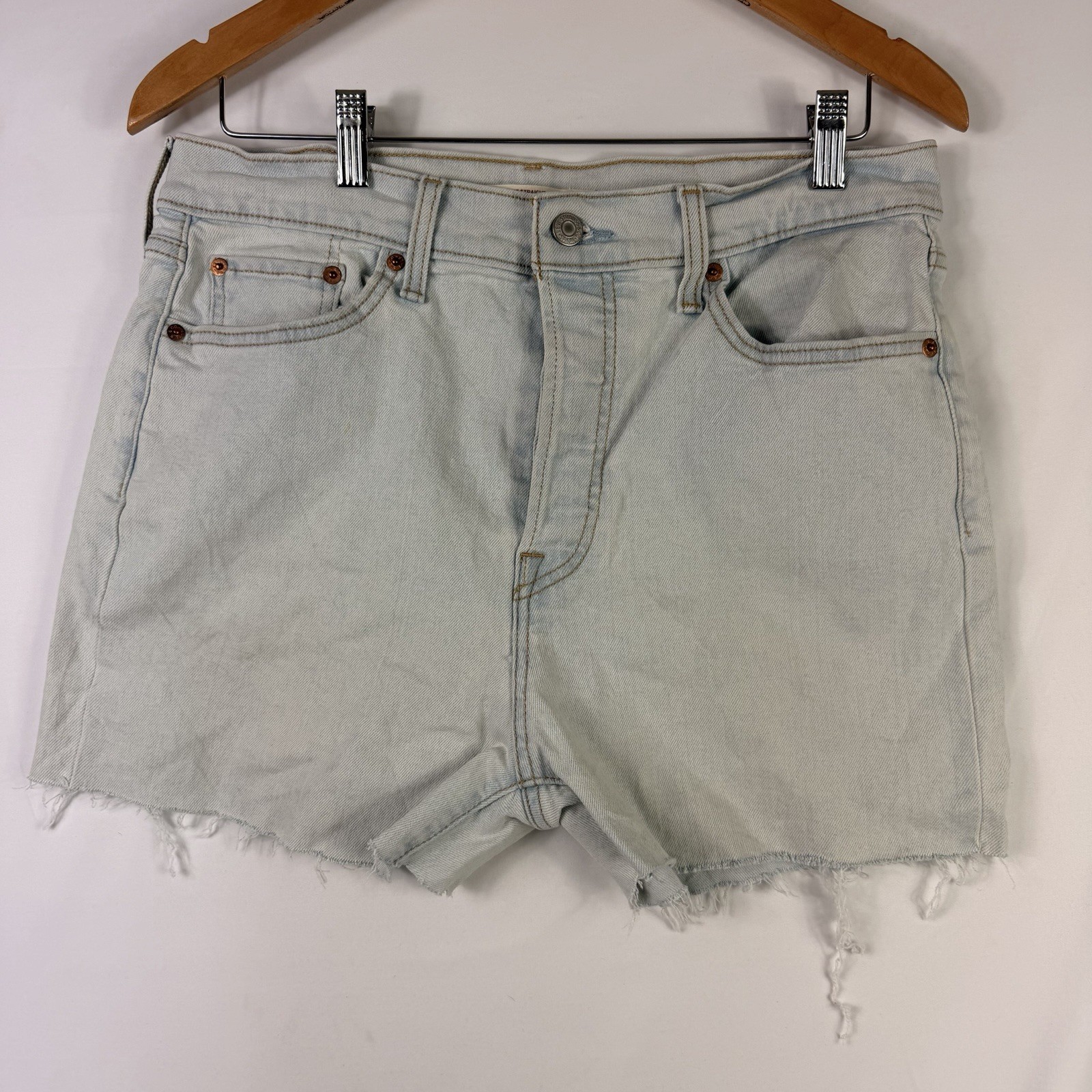 Levis Wedgie Jeans Shorts Womens 32 High Rise Stretch Cut Off Light Wash Denim