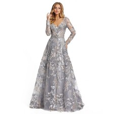 Mac Duggal 20214 Long Sleeve Bead Applique Gown Size 16 Grey Multi Floral NWT