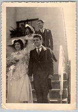 Vtg B&W Snapshot Wedding Couple Group Formal Attire Stairs 1940s