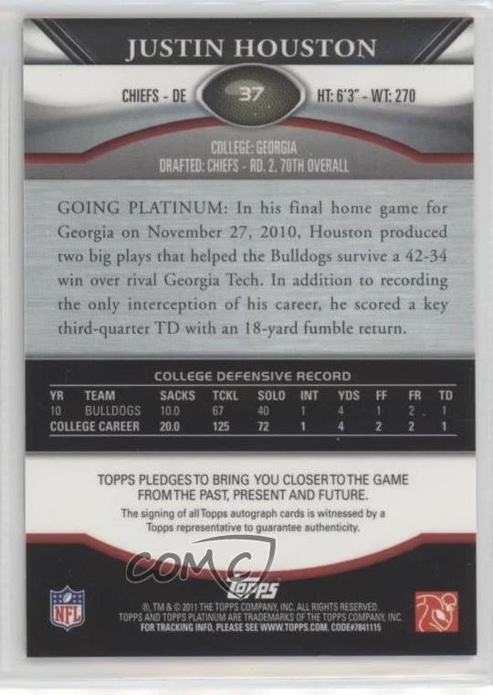 2011 Topps Platinum Green Refractor Rookie Auto /150 Justin Houston #37 Auto RC - Image 2 of 2