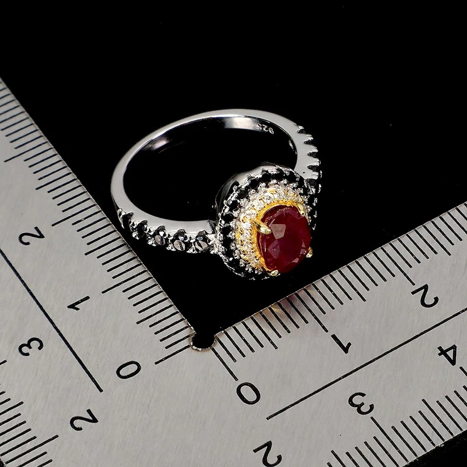 925 Anello Argento Sterling Ovale Rubino 7x5mm Spinello Naturale Gemma Misura 8 - Immagine 3 di 4