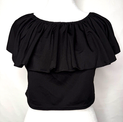 #ad #ad Womens S Crop Ruffle Blouse Black Top On Or Off Shoulders $9.20