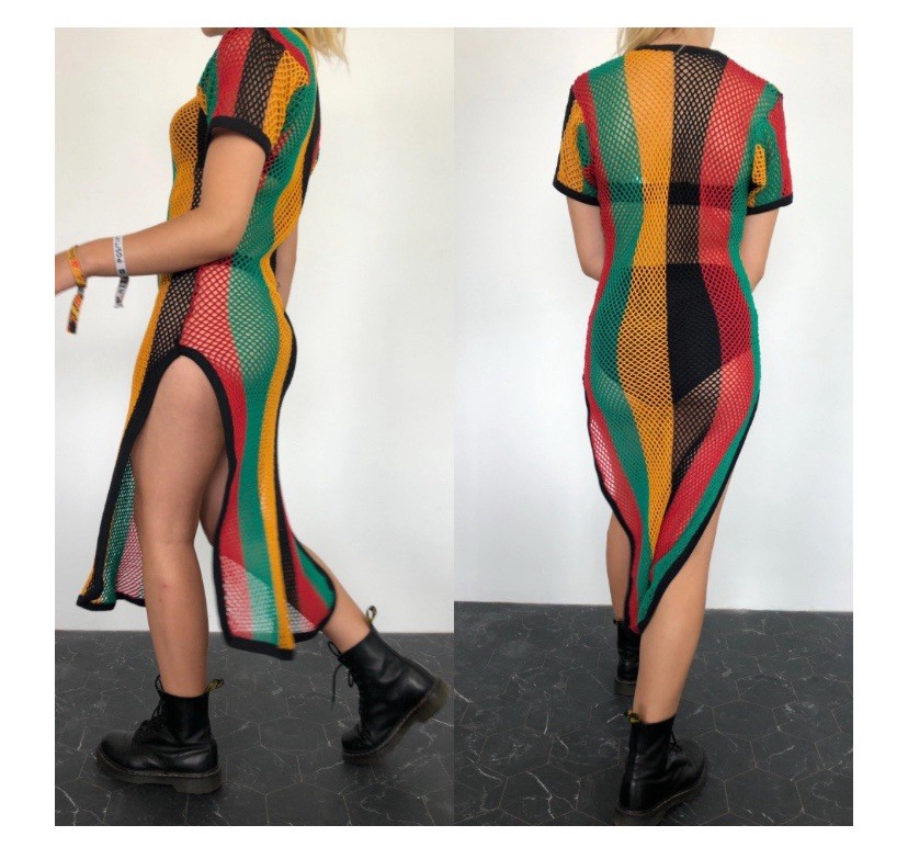Jamaica Fishnet Mesh Dress Reggae Rasta Size 12 Festival Rave