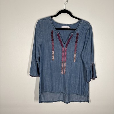 Billy T Women S Blue Chambray Lyocell Boho Bell Sleeves Pullover Tunic Blouse