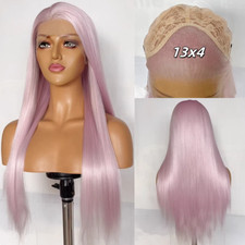 13x4 Lace Front Wig Light Pink Straight Human Hair Blend Heat Ok Women Wig 26In