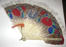 Antique Hand Painted Feather  & Silk on Bone Hand Fan w box