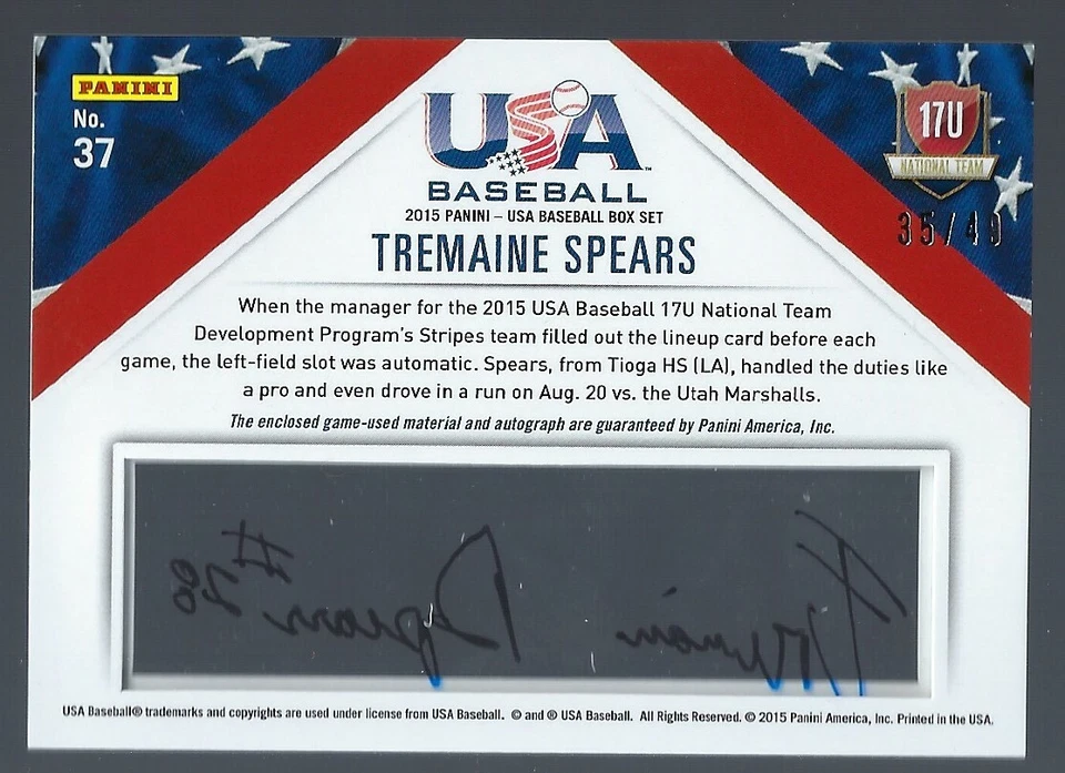 2015 Panini USA BB 17U National Jersey Prime Signatures Tremaine Spears 35/49 - Image 2 of 2