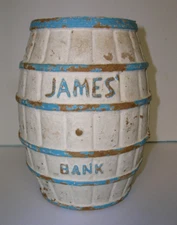 JAMES CANDY 1940 SALT WATER TAFFY BARREL BANK VNTG PAPER MACHE 7in ATLANTIC CITY