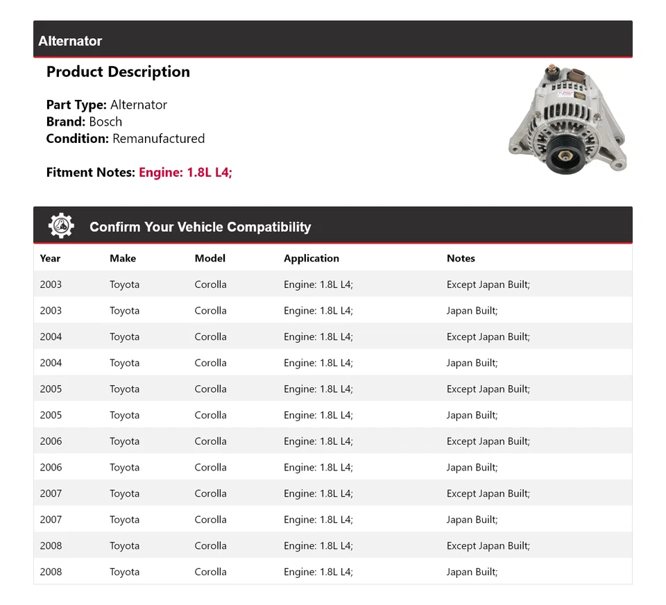 For 2003-2008 Toyota Corolla 1.8L L4 Bosch Alternator (Remanufactured) 2004 2005 - Image 2 of 4