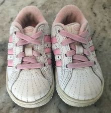 GIRLS ADIDAS CLASSIC LEATHER SNEAKERS PINK/WHITE ROUND TOE LACE UP SIZE 5