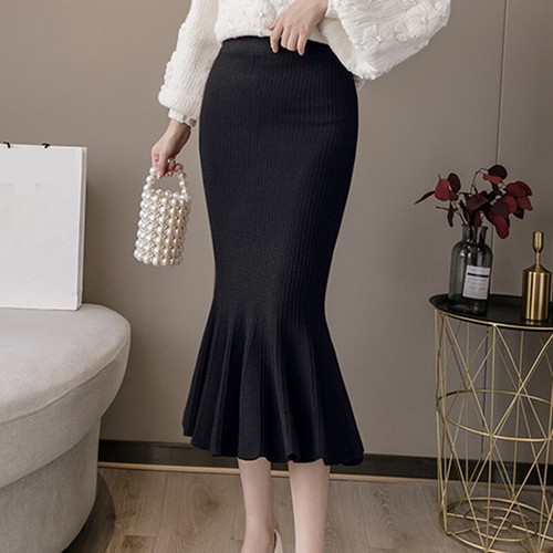 Damen formeller Strickrock Midi Meerjungfrau Fischschwanz hohe elastische Taille schmal Bodycon - Bild 8 von 10