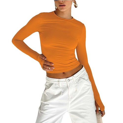 Spring T-Shirt Long Sleeve Crew Neck Slim Fit Ladies Crop Top with Thumb Holes - Picture 13 of 32