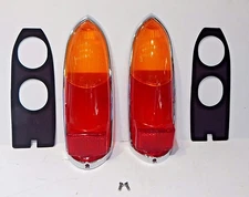 New Pair Lucas Tail Lamp Lens Set + Chrome Rims Gaskets MGB 1963-69 Euro Amber