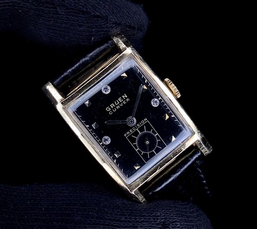 1940s Gruen Curvex Precision 14k gold cased watch with black diamond dial - Picture 10 of 17