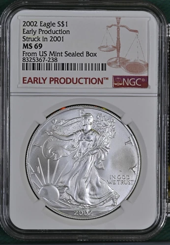 2002 NGC MS69 EARLY PRODUCTION SILVER EAGLE STRUCK 2001 FROM US MINT SEALED BOX