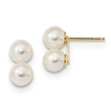 Real 14kt Yellow Gold 6-7mm White Round FW Cultured Double Pearl Post Earrings