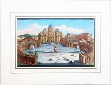 Stampa antica Roma Piazza Basilica San Pietro giuseppe vasi colori coevi 1752