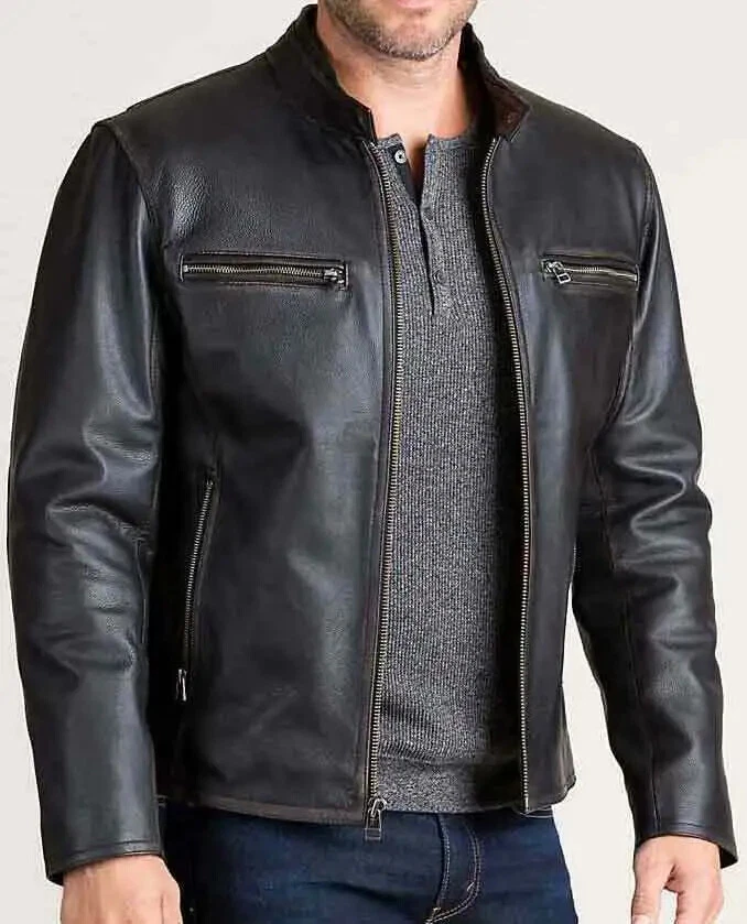 Men's Cafe Racer Retro Motorcycle Full-Zip Black Distressed Biker Leather Jacket