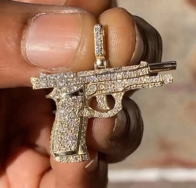 2Ct Round Rapper Small Gun Pendant Real Moissanite 14k Yellow Gold Plated Silver