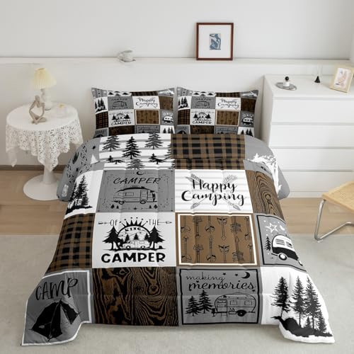Rustic Camping Bedding Set Rv Camper Comforter Set Farmhouse Twin Brown Grey - Picture 3 of 8