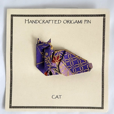 Origami Cat Pin Japanese Paper Folding Purple Gold Tones Kitty Cat Gift Artisan