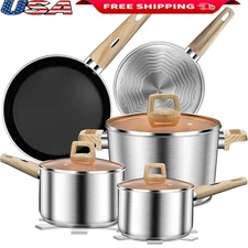 13-Piece Stainless Steel Cookware Set W/ Nonstick Frying Pans & Wooden Handles