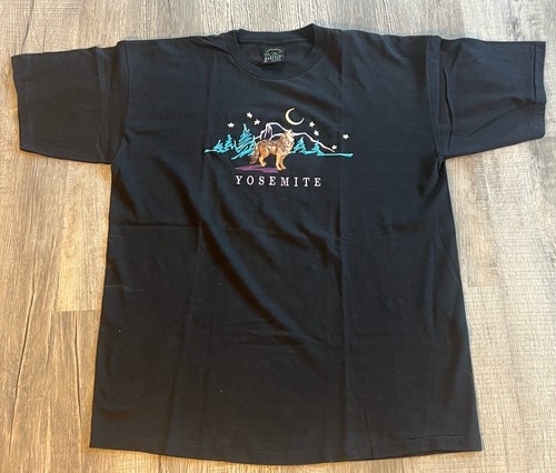 T-shirt Habitat Yosemite ricamata grafica lupo vintage anni 90 XL nera punto singolo - Foto 2 di 4