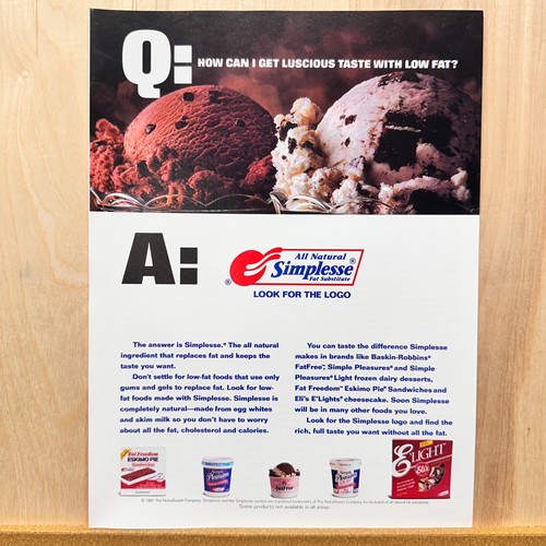 1991 NutraSweet Simplesse Ice Cream Vintage Print Ad Food Advert Art Fat Free