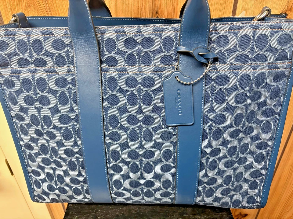 NUEVO NUEVO CON ETIQUETAS BOLSO DE MANO GRANDE DE CUERO VAQUERO AZUL MEDIANOCHE FIRMA COACH Foto 3 de 4