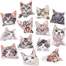 13Pcs Delicate Cat Iron on Patches Embroidered Motif Applique Assorted Size Deco