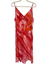 Natori Floral Slip Dress Size Large Sleeveless V Neck Watercolor Midi Red Pink