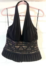 Cache Y2K Black Size 12 Corset Halter Top Lace Sheer Panel Elegant Feminine Chic