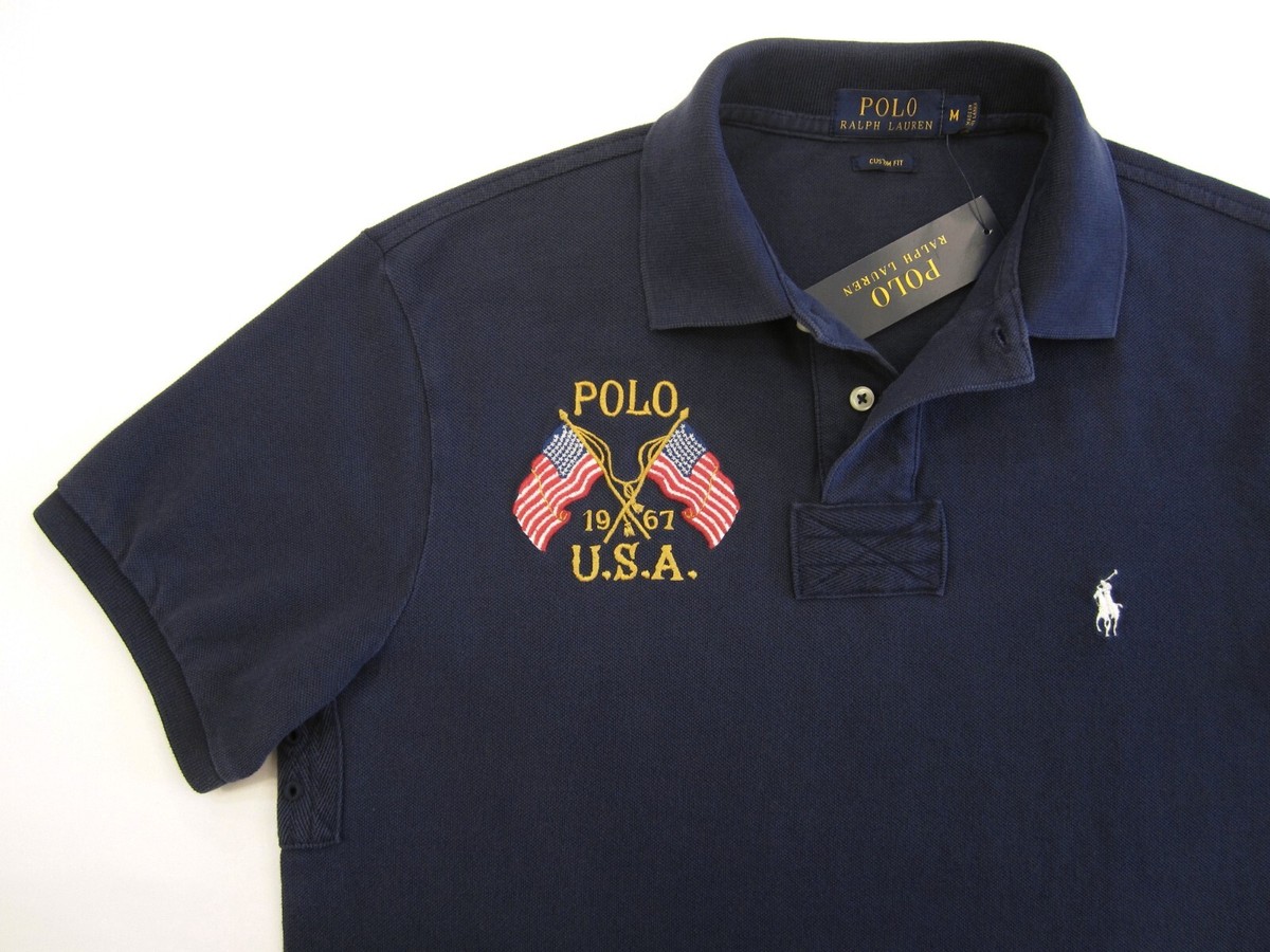 Mens Ralph Lauren CUSTOM FIT Crossed USA Flags Rugby Polo Shirt