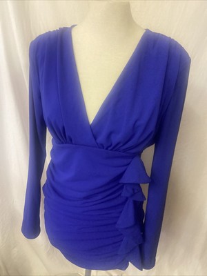 Damen Zara Medium Royal Blau Langarm Kleid Rüschen Mini Kurzkleid