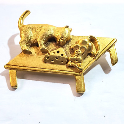 Vintage Gold Tone Metal Cat and Mouse Eating Cheese on Table Brooch Pin